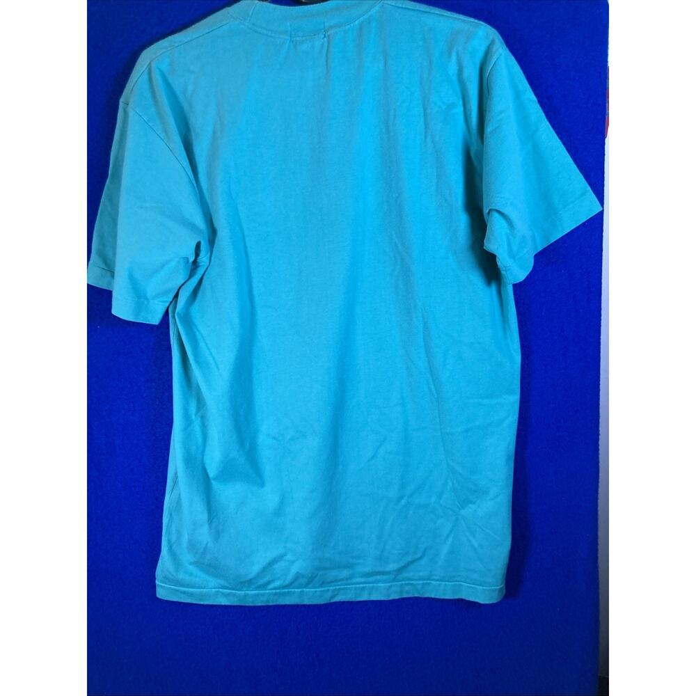 Vtg 90s Student Machine Graphic Tee Art Deco Lady Floral Hat Teal 100% cotton - Picture 9 of 11